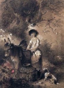 Woodland Scene With Lady, Donkey And Dog by Edward Robert Smythe