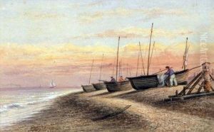 Beach Scene With Fishing Boats And Figures by Thomas Smythe