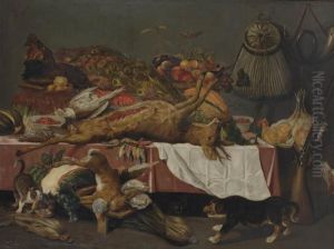 A Roebuck, A Peacock, A Boar's
Head, Hare, A Partridge And Other Birds With Apples, Apricots, Grapes
And Other Fruit In A Basket And Berries In Bowls, All On A Draped Table
With Two Dogs And Two Cats And Hunting Paraphernalia by Frans Snyders