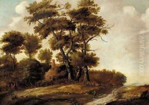 A wooded landscape with hunters and their dogs on a path, a house beyond by Claes Jansz. Van Der Willigen