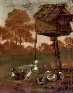 Ducks by a stream with a dovecote