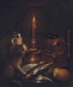A cat pawing fish on a pewter plate by a stoneware ewer, a knife, a roemer and a candle by Godfried Wedig