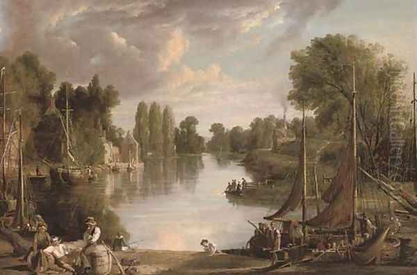 A river landscape at dusk, with figures unloading a barge in the foreground - view 1