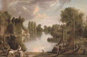 A river landscape at dusk, with figures unloading a barge in the foreground