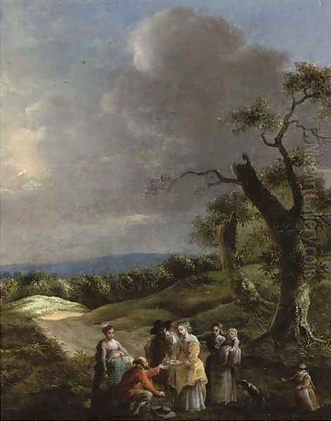 A wooded landscape with a man selling a dove to a lady on a path - view 1