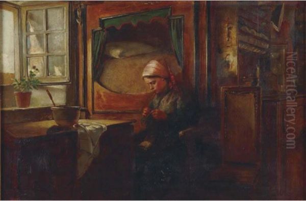 Girl Knitting Before An Open Window - view 1
