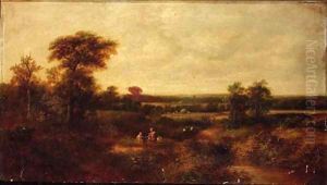 Children resting by a track, harvesters beyond