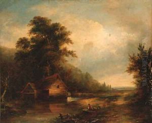 An angler by a watermill in a wooded landscape