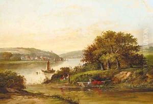An angler on the bank of a river with a town beyond