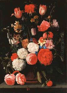 Roses, parrot tulips, narcissi, dahlias and other flowers in a vase on a stone shelf by Bartolome Van Winghe
