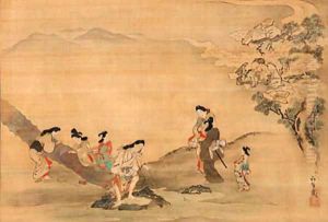 Kume the Transcendent and the Maiden washing at the riverbank