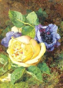 A rose and anenomes on a mossy bank by Thomas Worsey