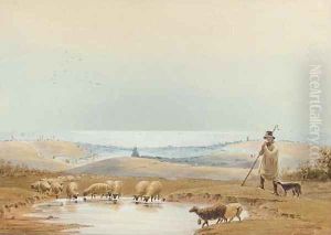 A shepherd and his flock on the South Downs above Brighton