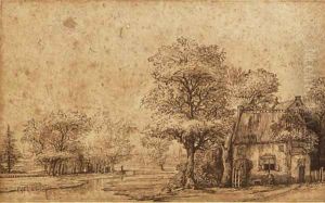 A wooded landscape with a cottage by Pieter De With