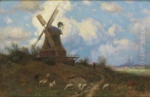 Malerische Weidelandschaft Mit Schafherde Und Windmuhle