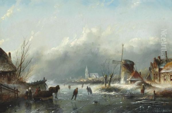 Skaters By A Windmill On A Dutch Waterway - view 1