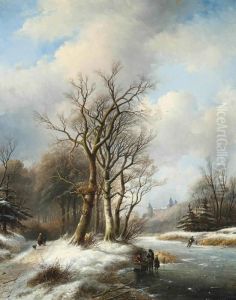 Figures On A Frozen Waterway, A Castle Beyond by Jan Jacob Coenraad Spohler