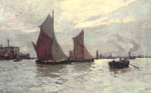 Barges on the Thames at dusk - view 1