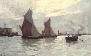 Barges on the Thames at dusk by Terrick John Williams