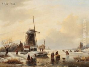 Skaters On A Frozen Pond by Jan Jacob Coenraad Spohler