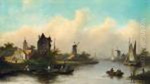 Flusslandschaft Mit Segelbooten Und Windmuhle by Jan Jacob Coenraad Spohler