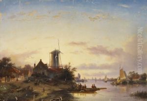 On The Scheldt. Figures On A Ferry Boat Before A Windmill by Jan Jacob Coenraad Spohler