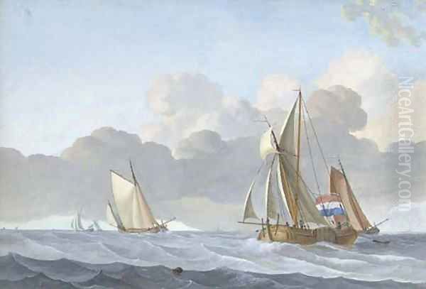 Sailing vessels in a stiff breeze, a village beyond - view 1