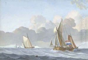Sailing vessels in a stiff breeze, a village beyond