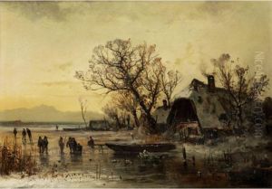 Eisvergnugen Auf Zugefrorenem See by Adolf Stademann