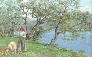 A shepherdess by the edge of an Italian lake by Ettore Ximenes