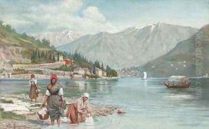 Washerwomen at the edge of an Italian lake