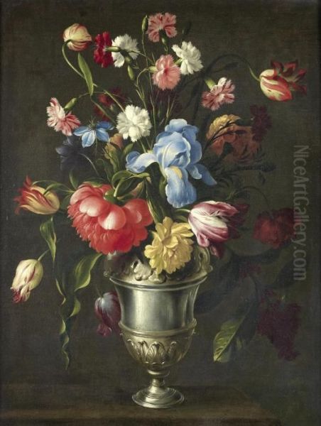 An Iris, A Peony, Love-in-a-mist, Tulips, Pinks And Other Flowers In A Silver Urn - view 1