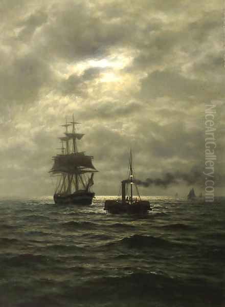 Tug and three-master in moonlight - view 1