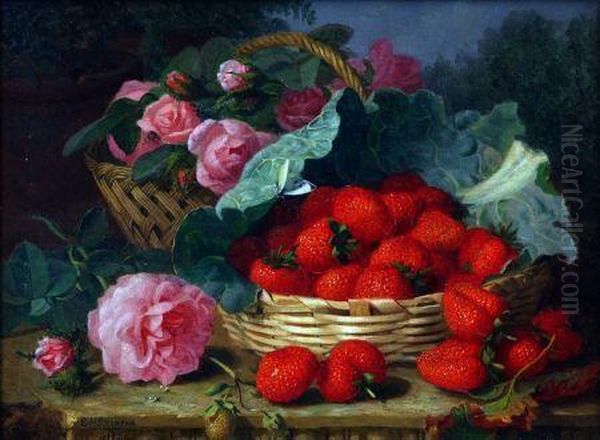 Still Life Study Of Roses And Strawberries In Baskets - view 1
