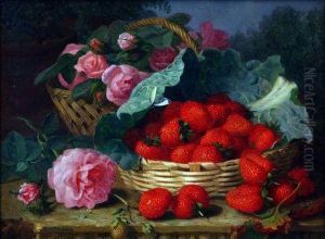 Still Life Study Of Roses And Strawberries In Baskets by Eloise Harriet Stannard