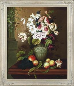 Tulips, Lilies, Roses And Pansies On A Ledge With Mushrooms, Grapes And Peaches