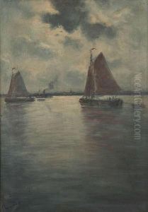 Zeilboten Op De Schelde Met Dorp Aan De Oever Zeilboten Op De Schelde Met Dorp Aan De Oever