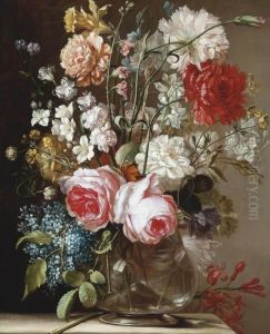 Roses, Narcissi And Other Flowers In A Vase On A Stone Plinth by Ludovico Stern