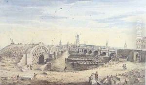 Construction of the new London Bridge alongside the old London Bridge, 1823 by Gideon Yates