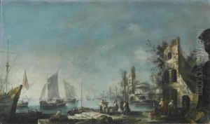 A Capriccio Harbour View With Figures Conversing And Ships At Anchor by Antonio, Tonino Stom