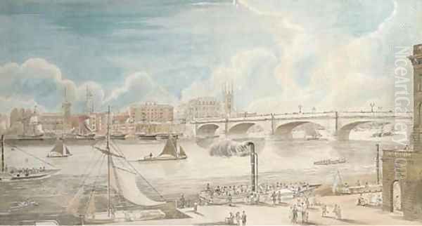 View of London Bridge from the North Bank at Custom's house Quay, looking south, showing St.Olave's, Tooley street - view 1