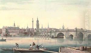 View of Old London Bridge from the south bank looking towards Fishmongers Hall and The Monument View of Old London Bridge from the south bank looking towards Fishmongers Hall and The Monument