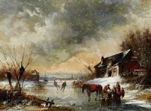 A Winter Landscape With Figures Skating On A Frozen River
