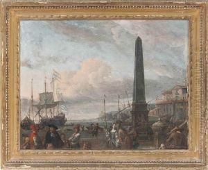 A Capriccio Of A Large Dutch Merchantman Lying Off A Mediterranean Port by Abraham Storck