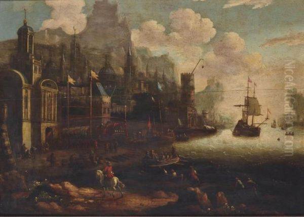 A Capriccio Of A Mediterranean Harbour With Moored Galleons And Figures - view 1
