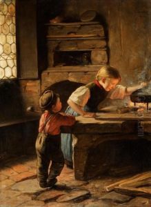 Zwei Kinder Am Feuerherd Zwei Kinder Am Feuerherd