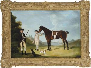 A Gentleman And His Hounds In An
 Extensive Landscape, His Groom Holding The Reins Of His Chestnut Hunter