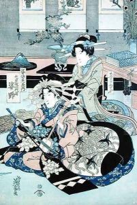 Two Seated Ladies, One Playing the Samisen by Keisai Yeisen