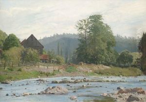 Bauernhaus Am Bachlauf In Bewaldeter Hugellandschaft by Otto Struttzel