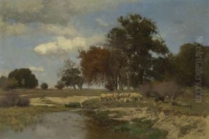 Hochsommer Im Dachauer Moos Mit Schafherde Und Huterbub by Otto Struttzel
